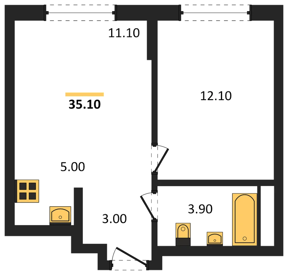 Планировка: 1-комн., 35,1 м²