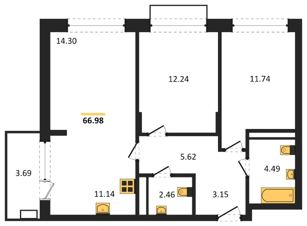 Планировка: 2-комн., 67 м²
