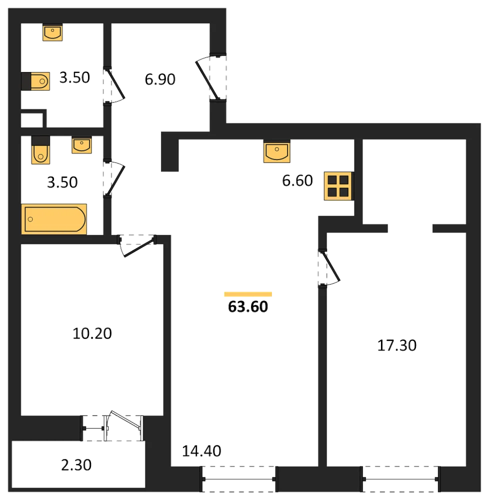 Планировка: 2-комн., 63,6 м²