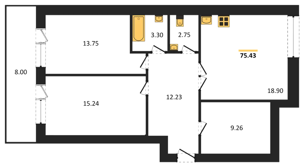 Планировка: 2-комн., 75,1 м²