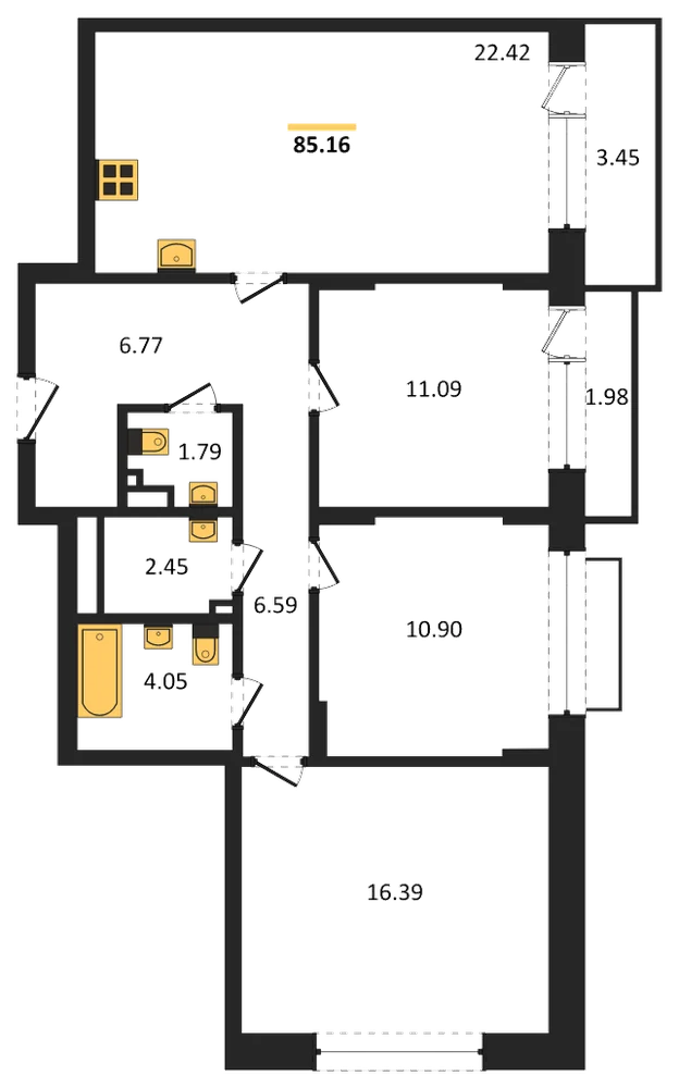 Планировка: 3-комн., 85,2 м²