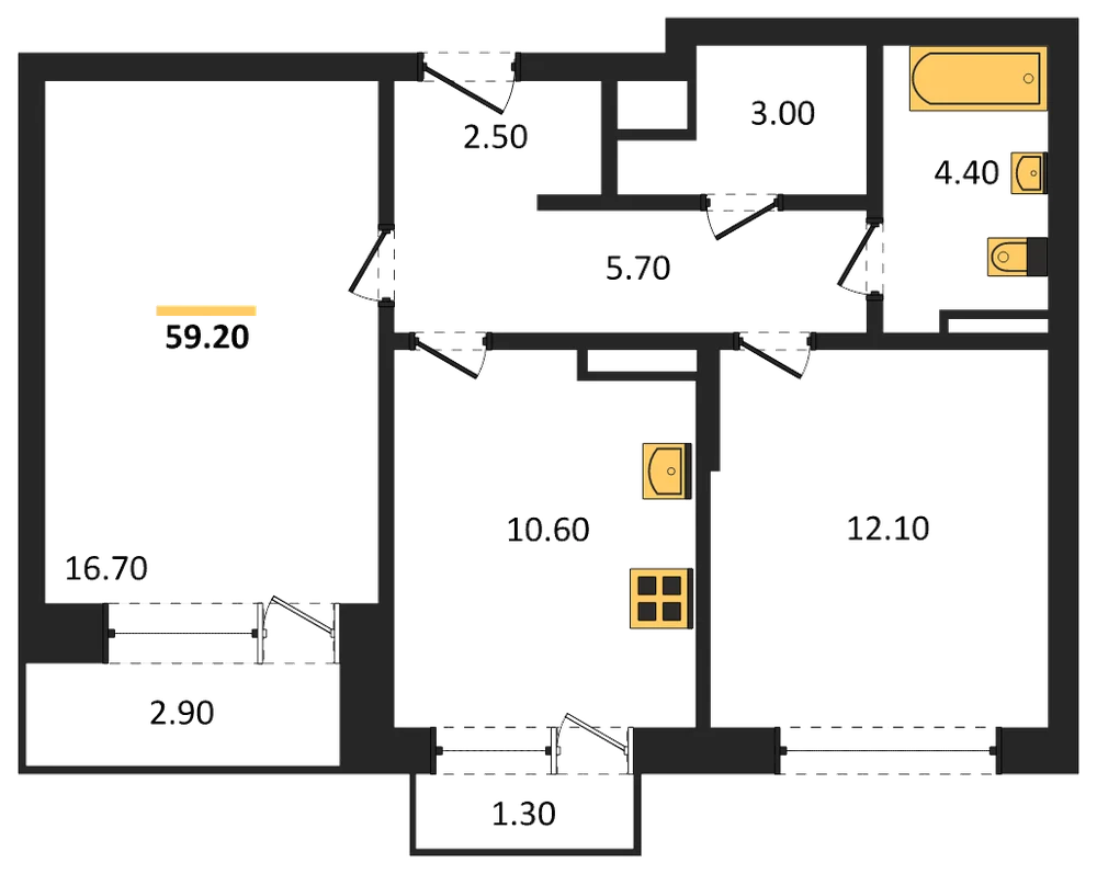 Планировка: 2-комн., 59,2 м²