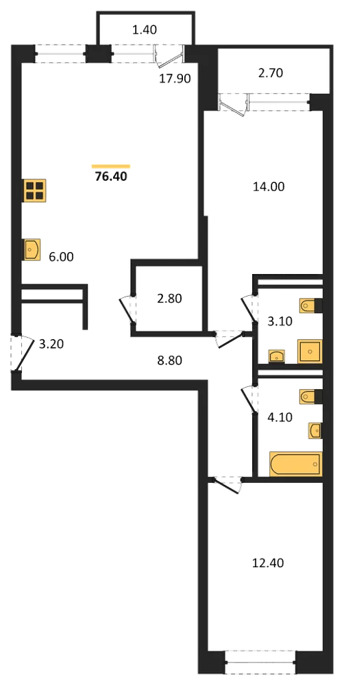 Планировка: 2-комн., 76,4 м²