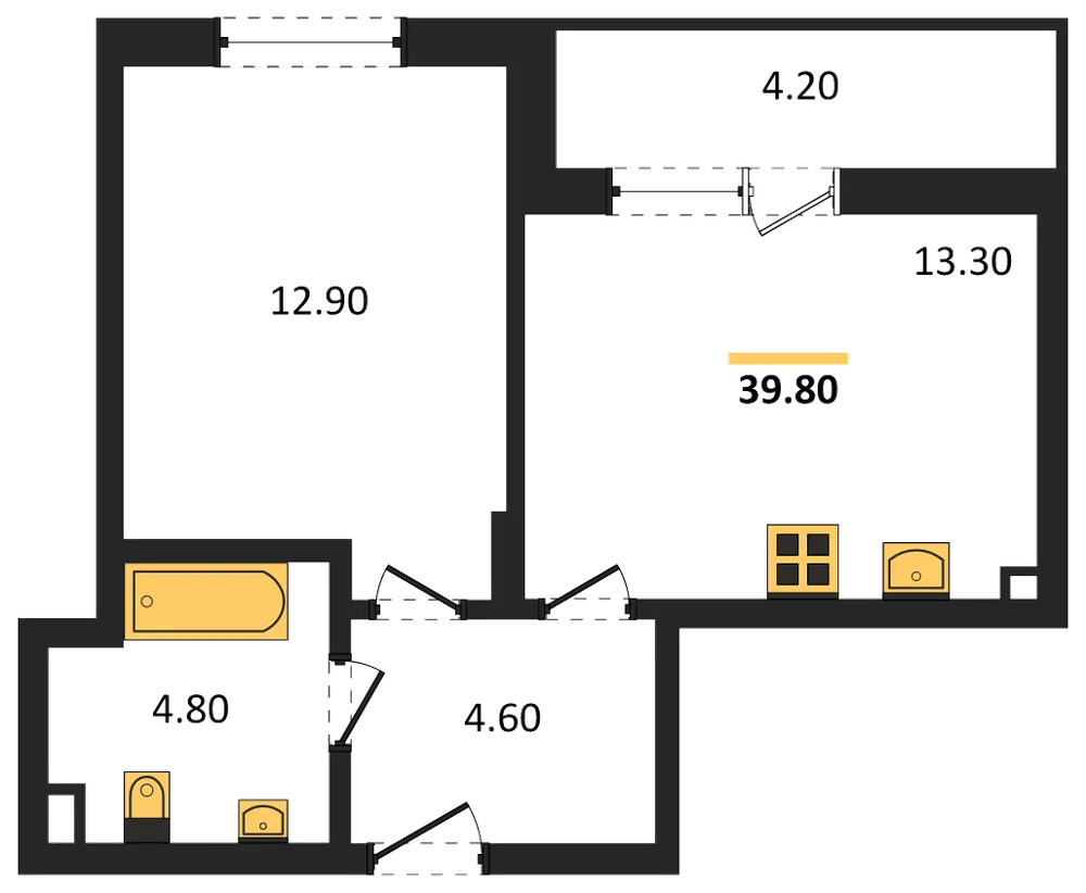 Планировка: 1-комн., 39,8 м²