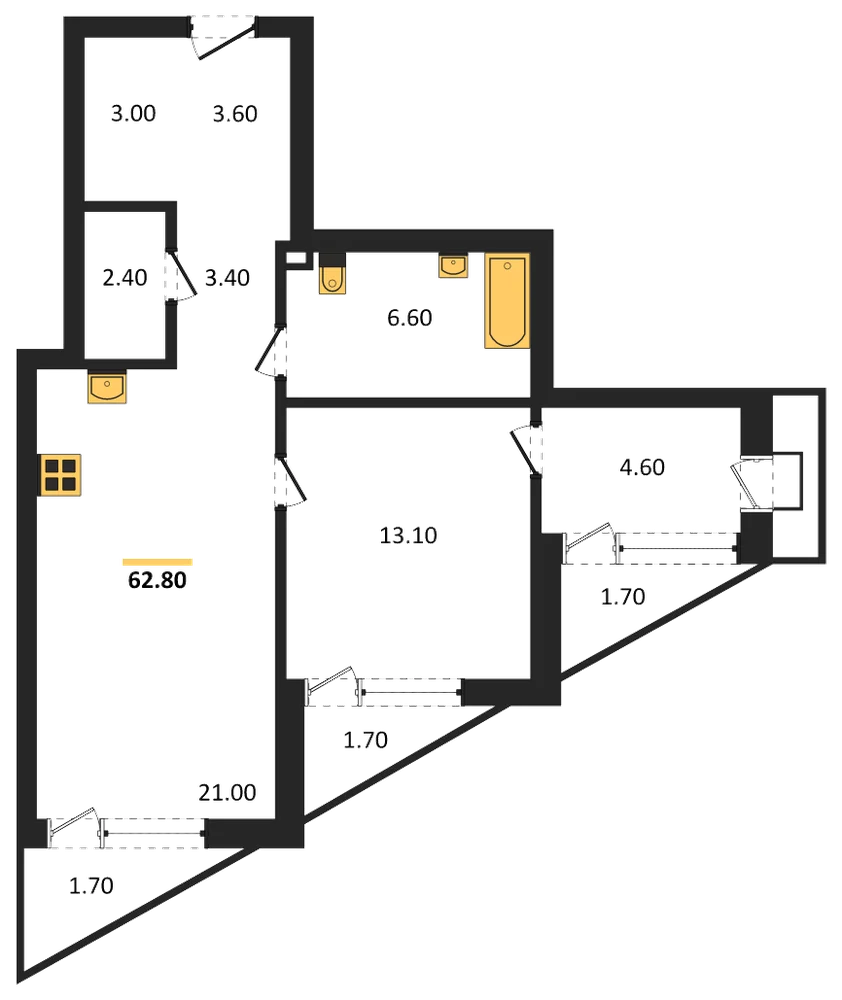Планировка: 1-комн., 62,8 м²