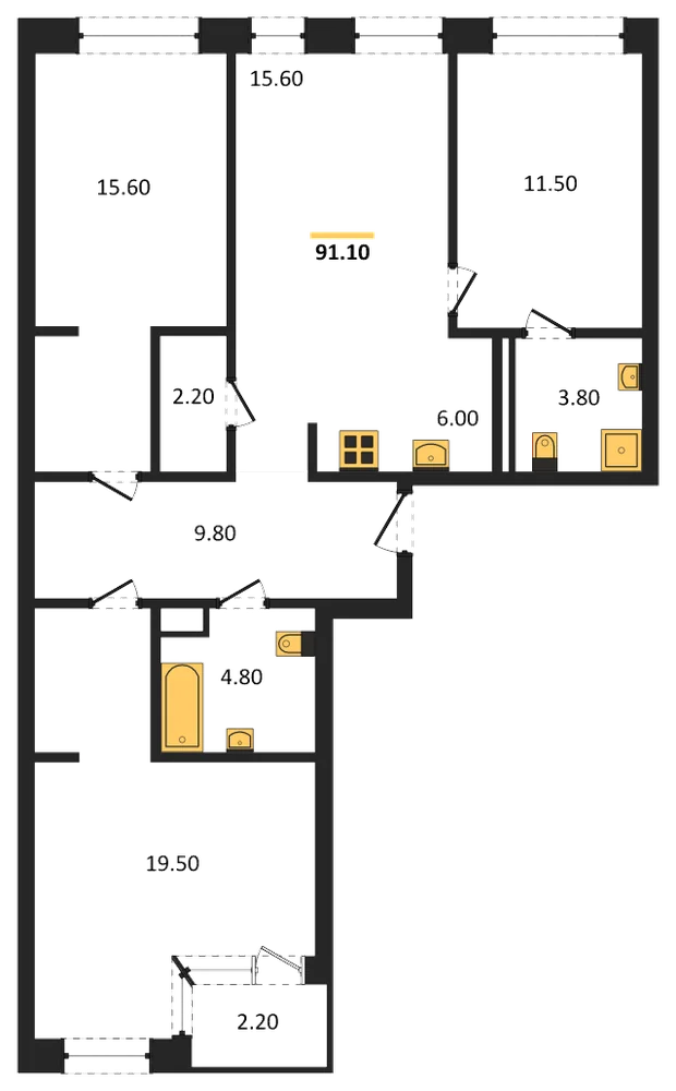 Планировка: 3-комн., 91,1 м²