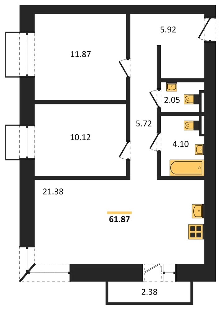Планировка: 2-комн., 61,9 м²