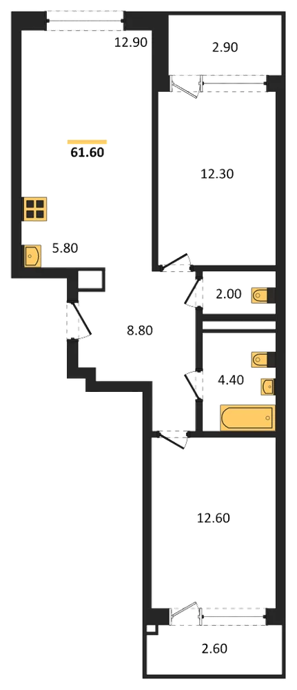 Планировка: 2-комн., 61,6 м²