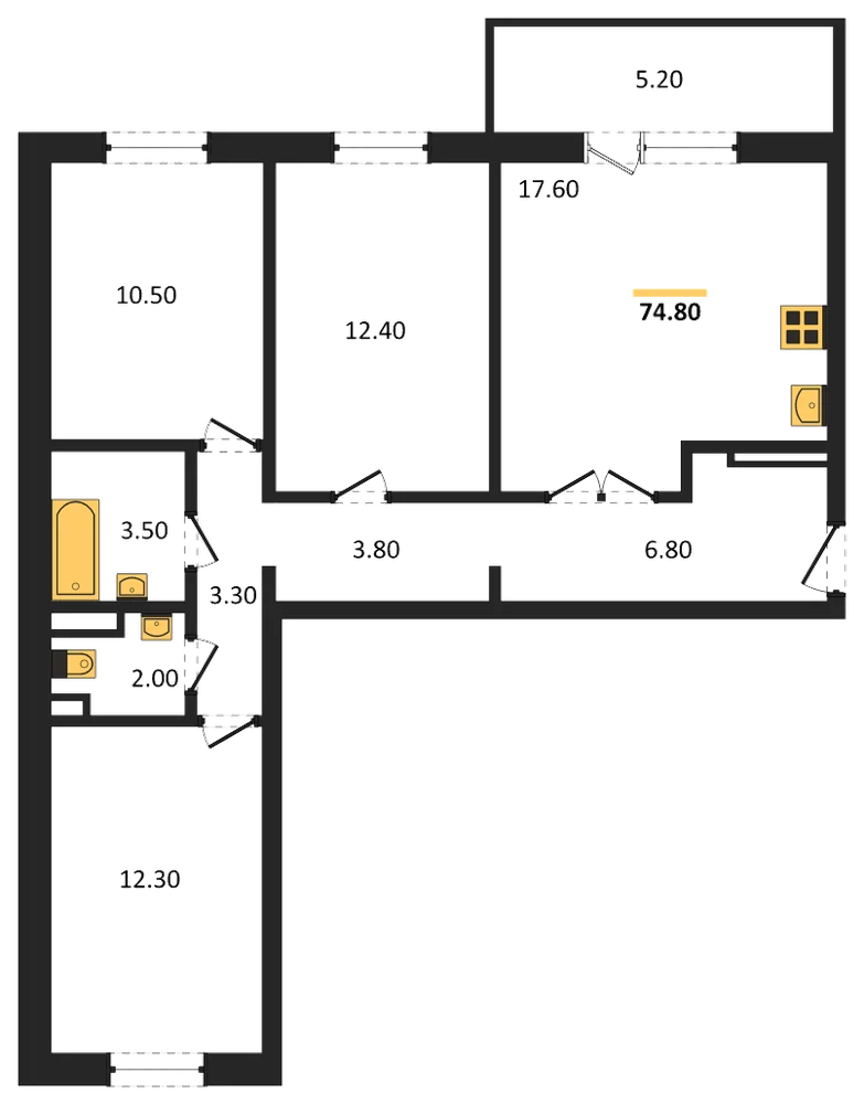 Планировка: 3-комн., 74,8 м²