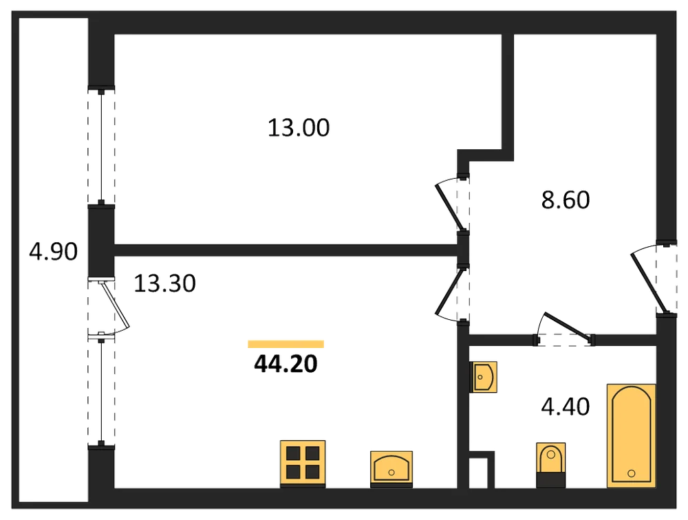 Планировка: 1-комн., 44,2 м²