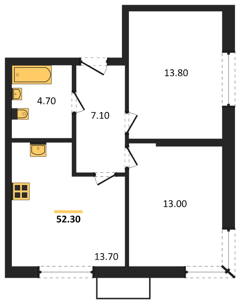 Планировка: 2-комн., 52,3 м²