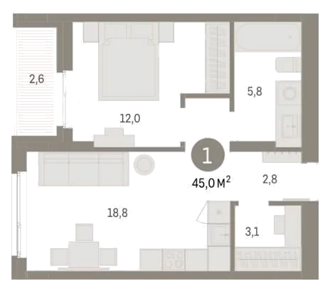 Планировка: 1-комн., 45 м²