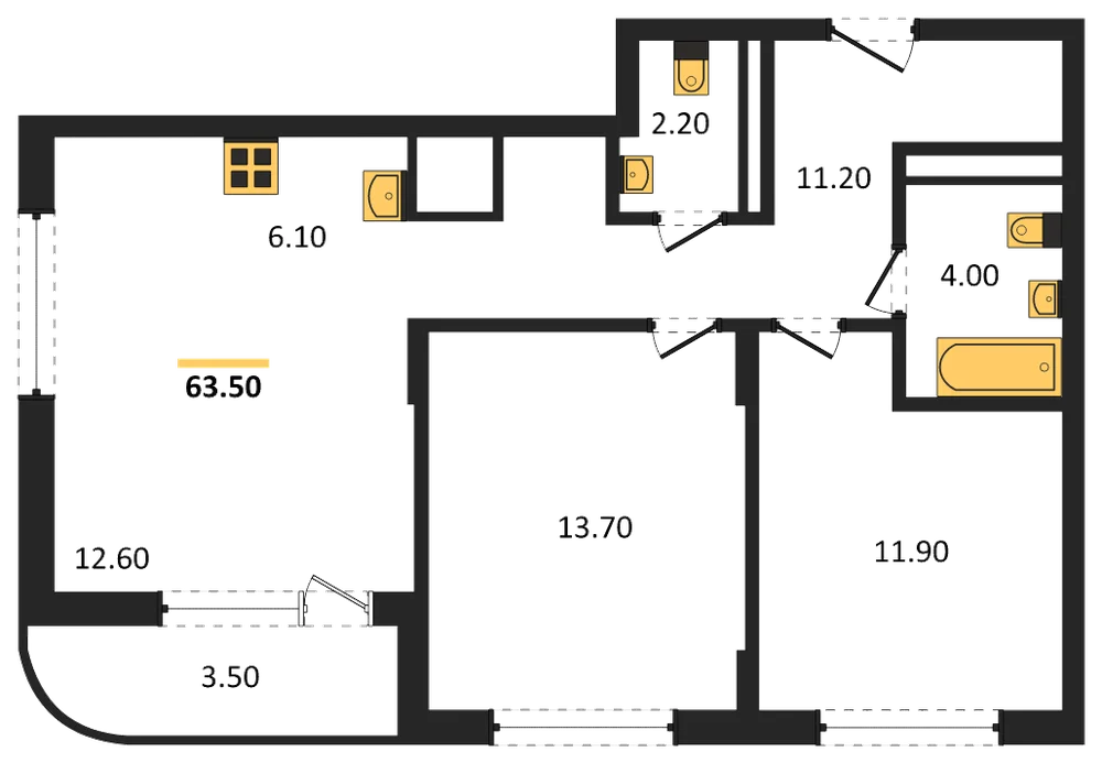 Планировка: 2-комн., 63,5 м²