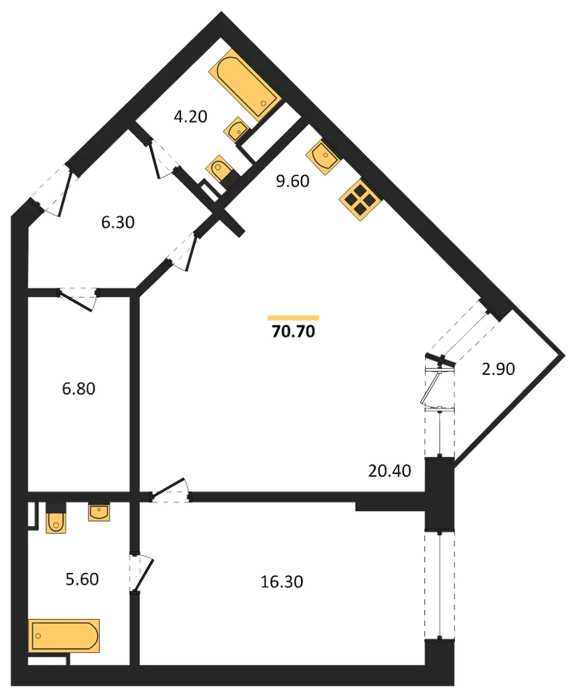 Планировка: 1-комн., 70,7 м²