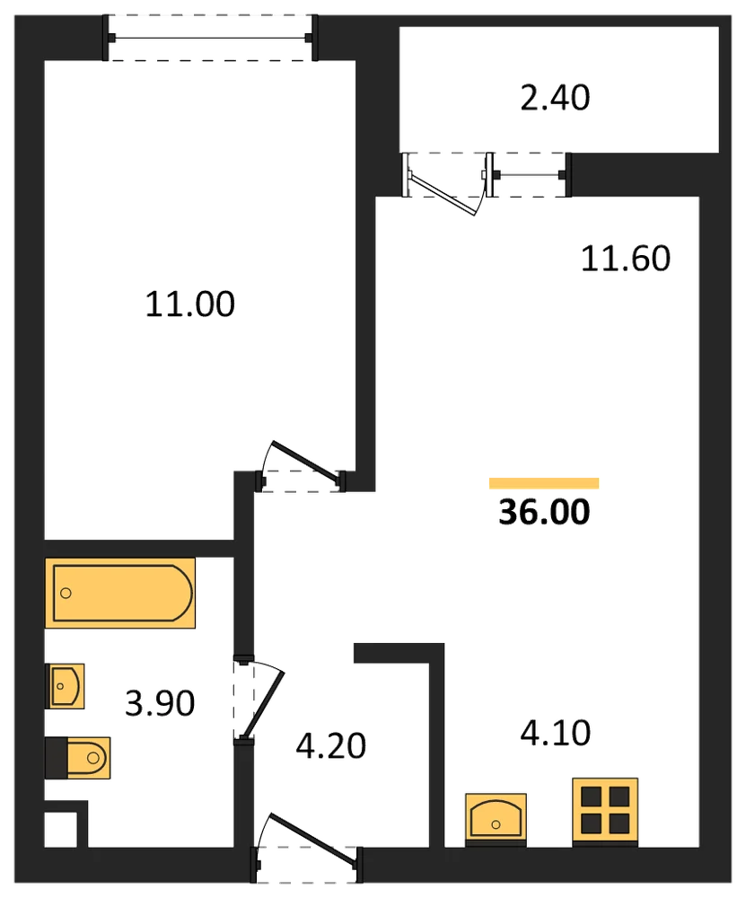 Планировка: 1-комн., 36 м²