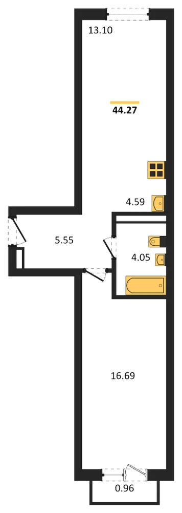 Планировка: 1-комн., 44,3 м²