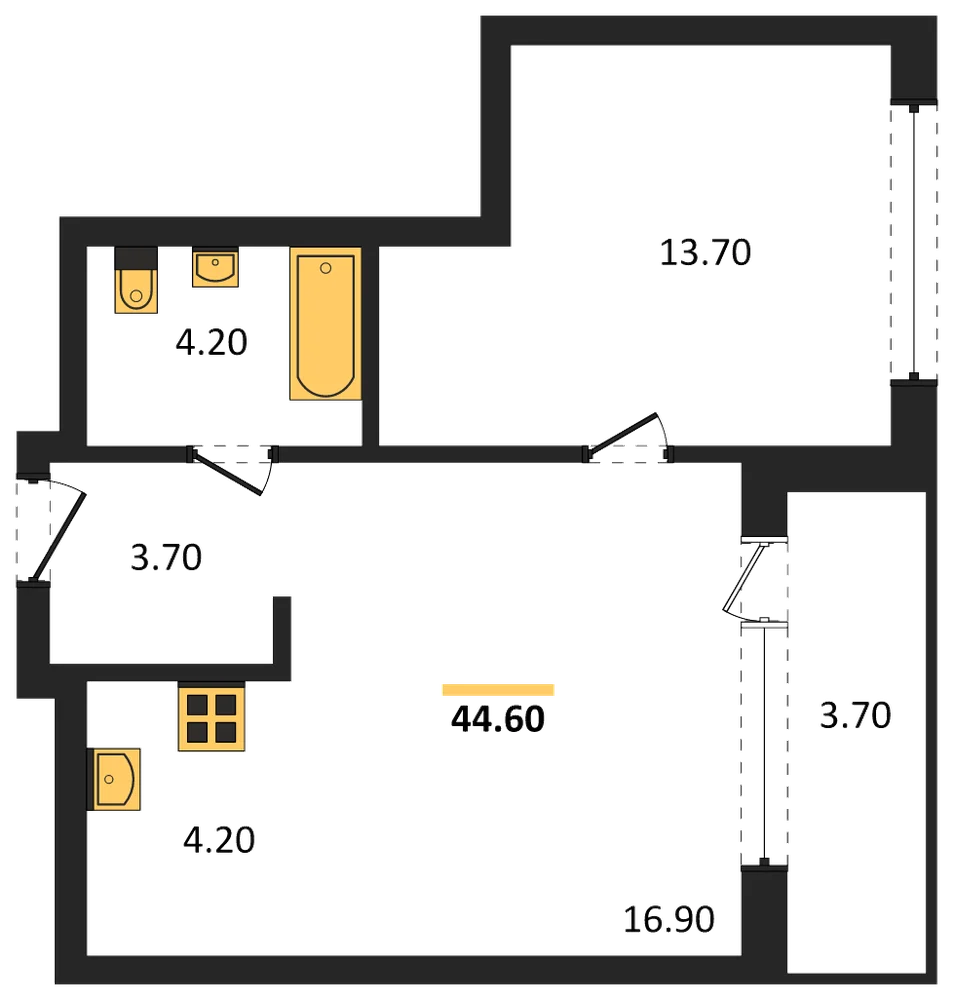Планировка: 1-комн., 44,6 м²