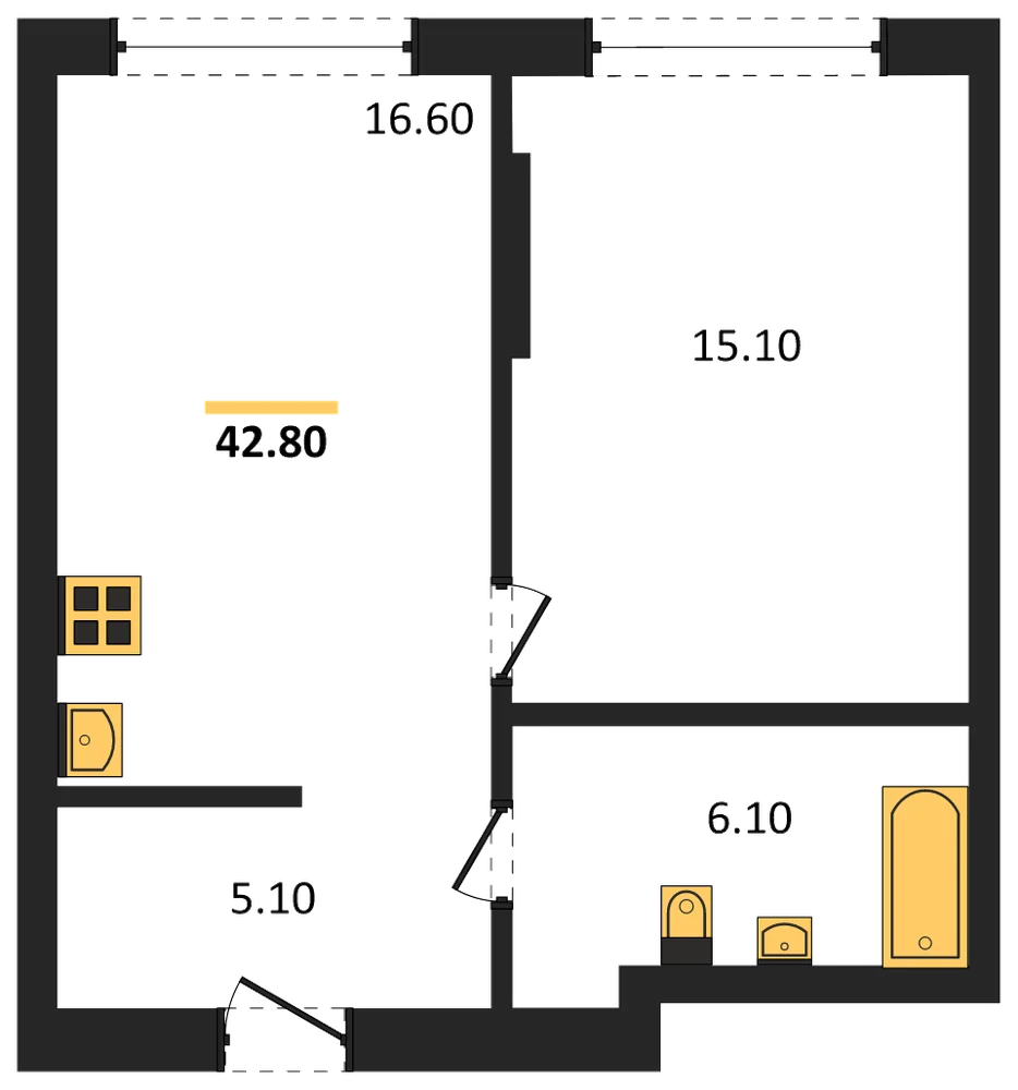 Планировка: 1-комн., 42,8 м²