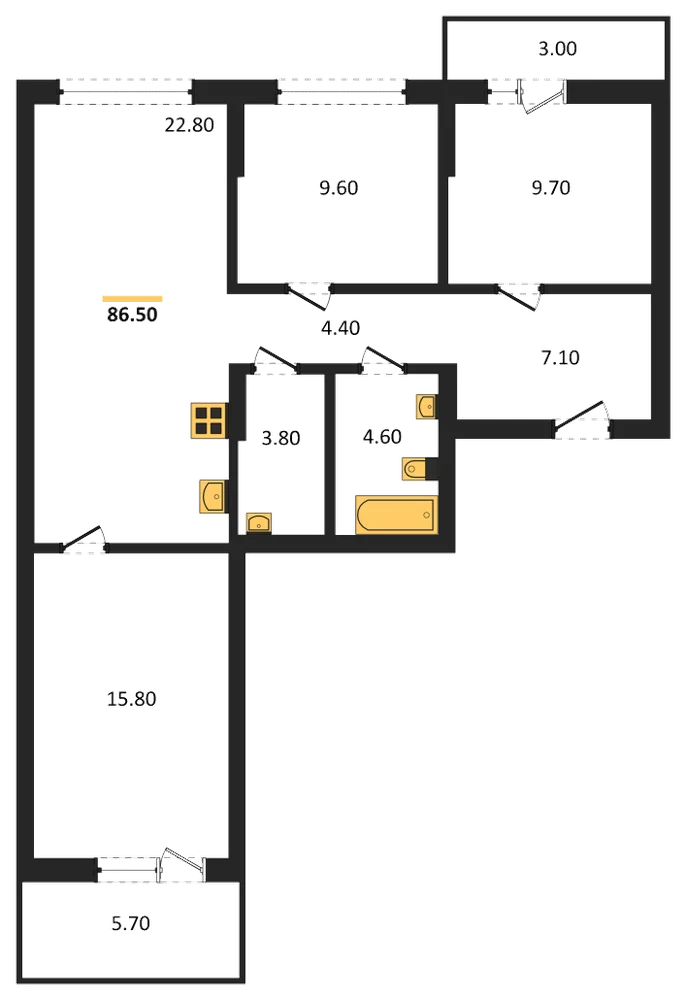 Планировка: 3-комн., 86,5 м²