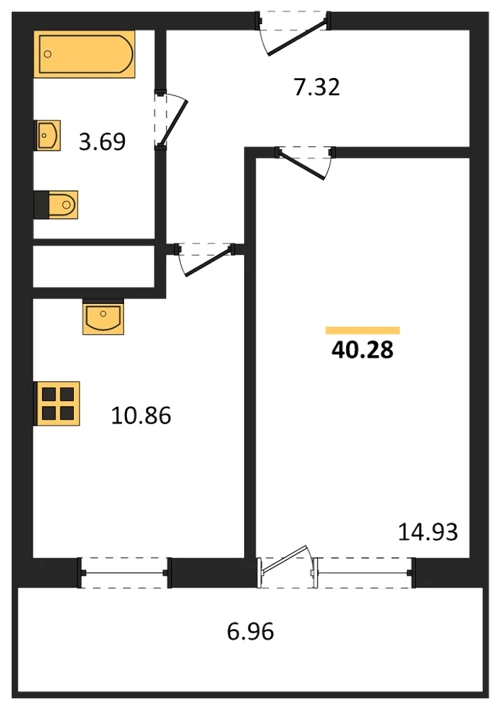 Планировка: 1-комн., 40,3 м²