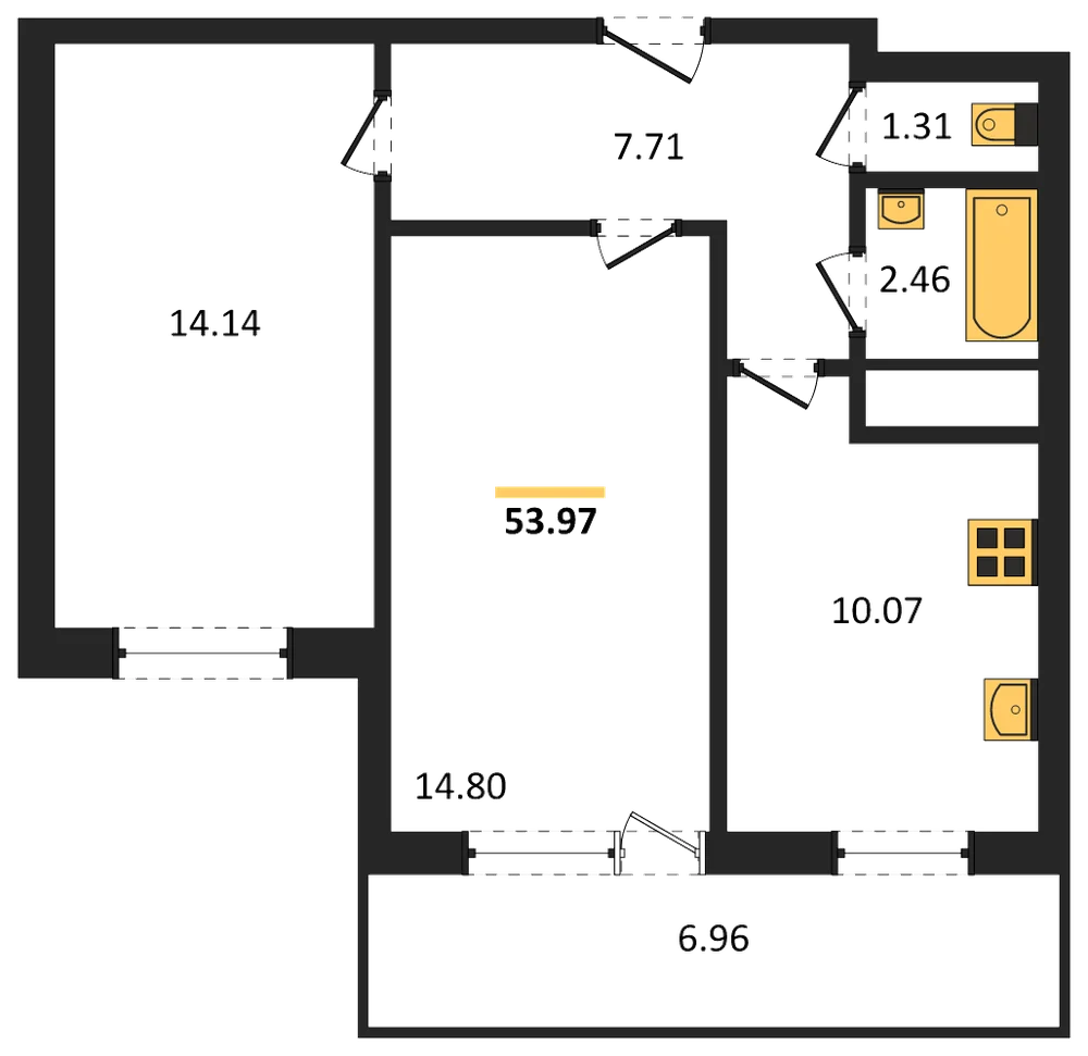 Планировка: 2-комн., 54 м²