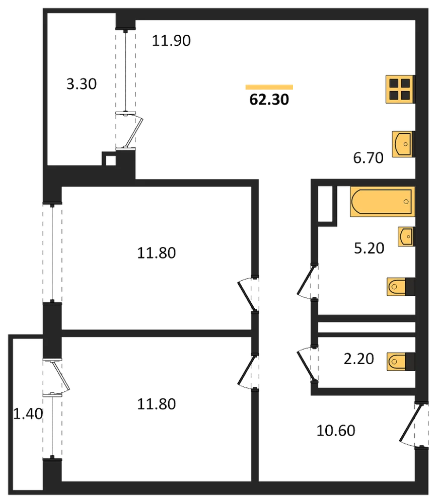 Планировка: 2-комн., 62,3 м²