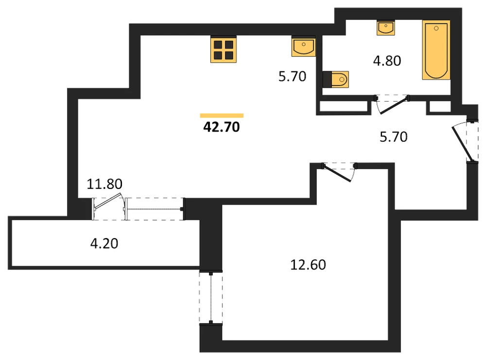 Планировка: 1-комн., 42,7 м²