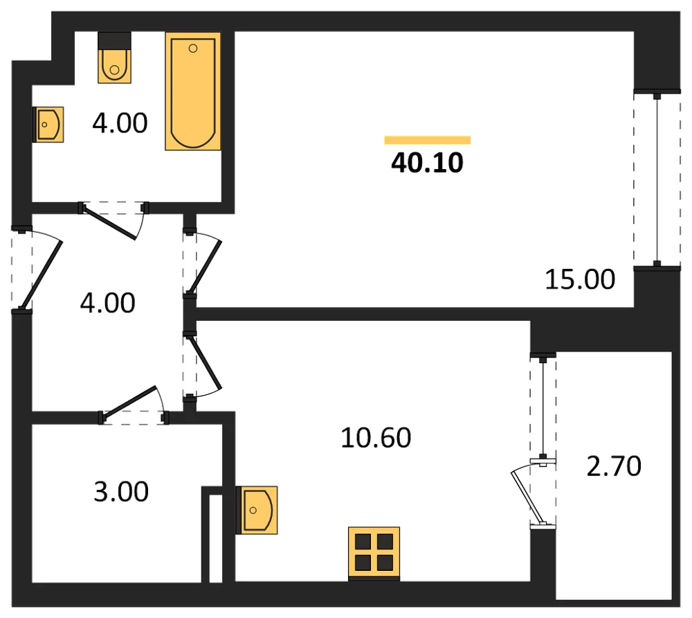 Планировка: 1-комн., 40,1 м²