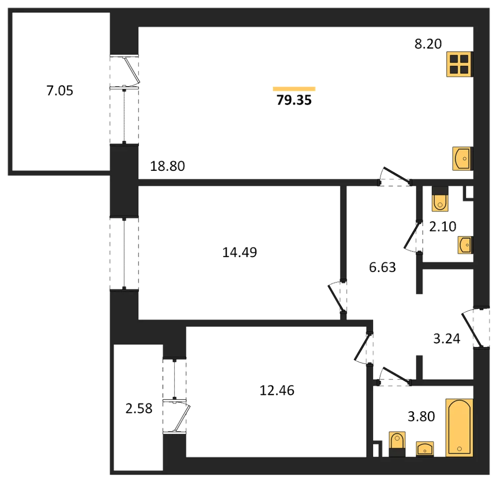 Планировка: 2-комн., 79,4 м²