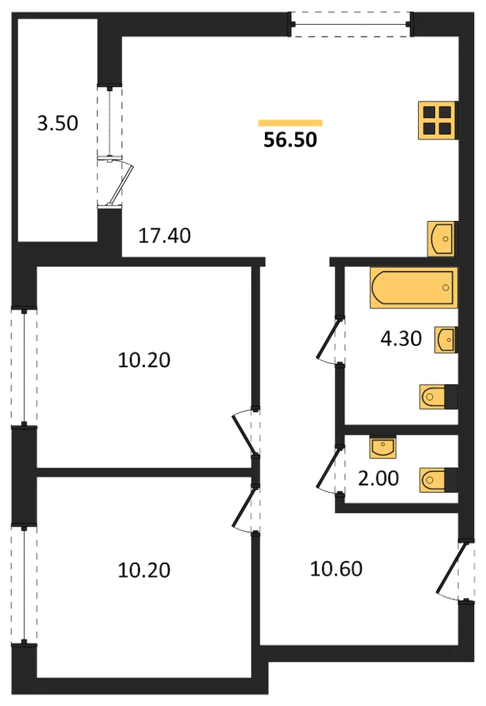 Планировка: 2-комн., 56,3 м²