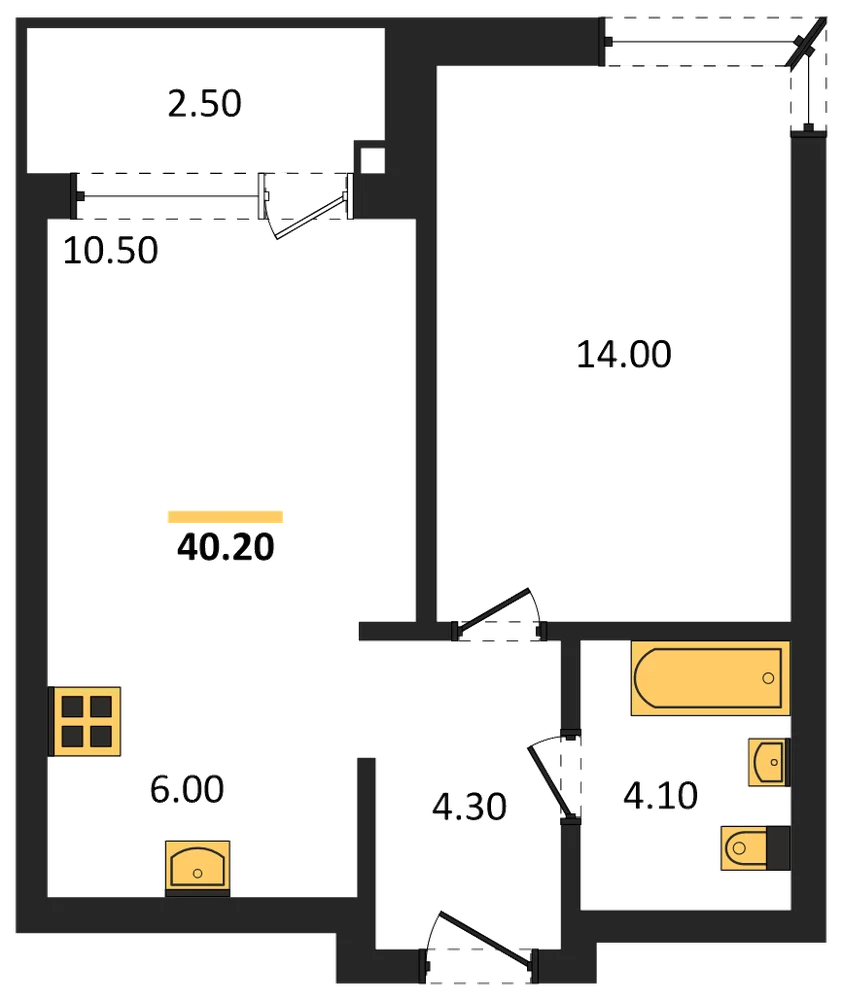 Планировка: 1-комн., 40,2 м²