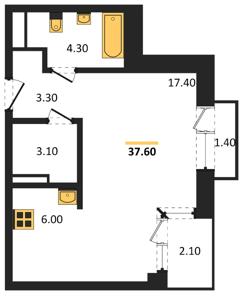 Планировка: Студия, 37,6 м²