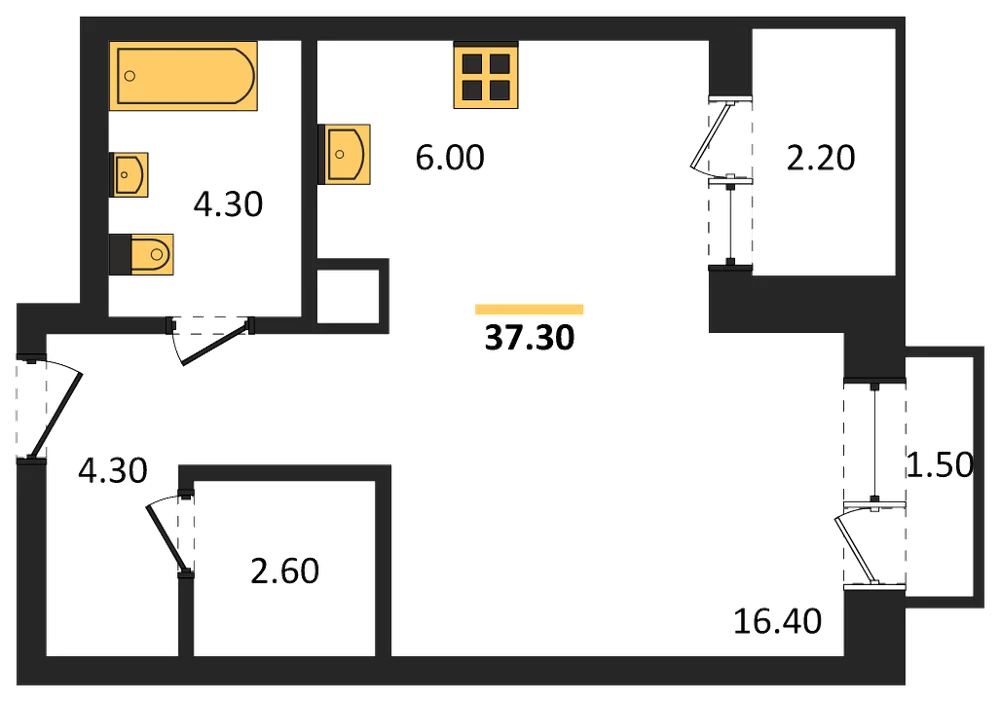 Планировка: Студия, 37,3 м²