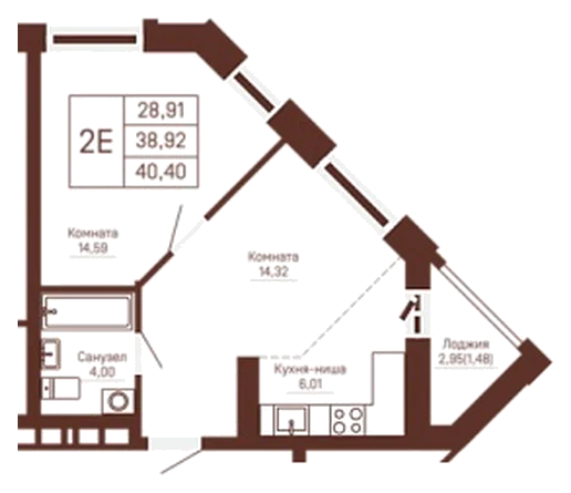 Планировка: 1-комн., 40,4 м²