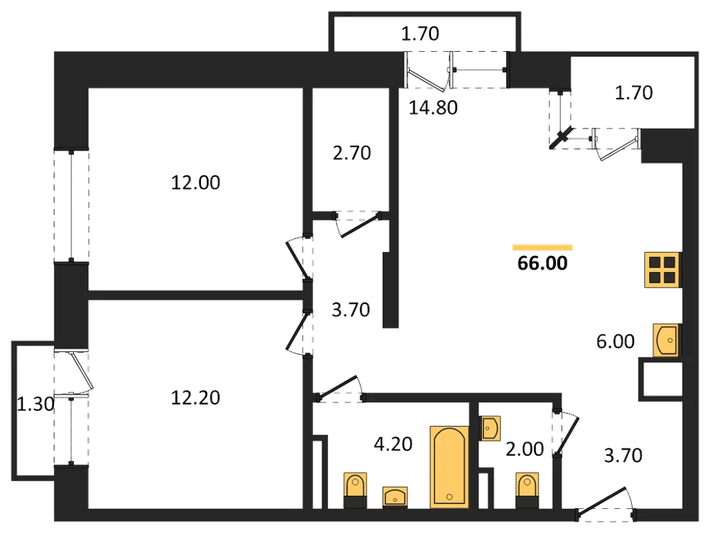 Планировка: 2-комн., 66 м²