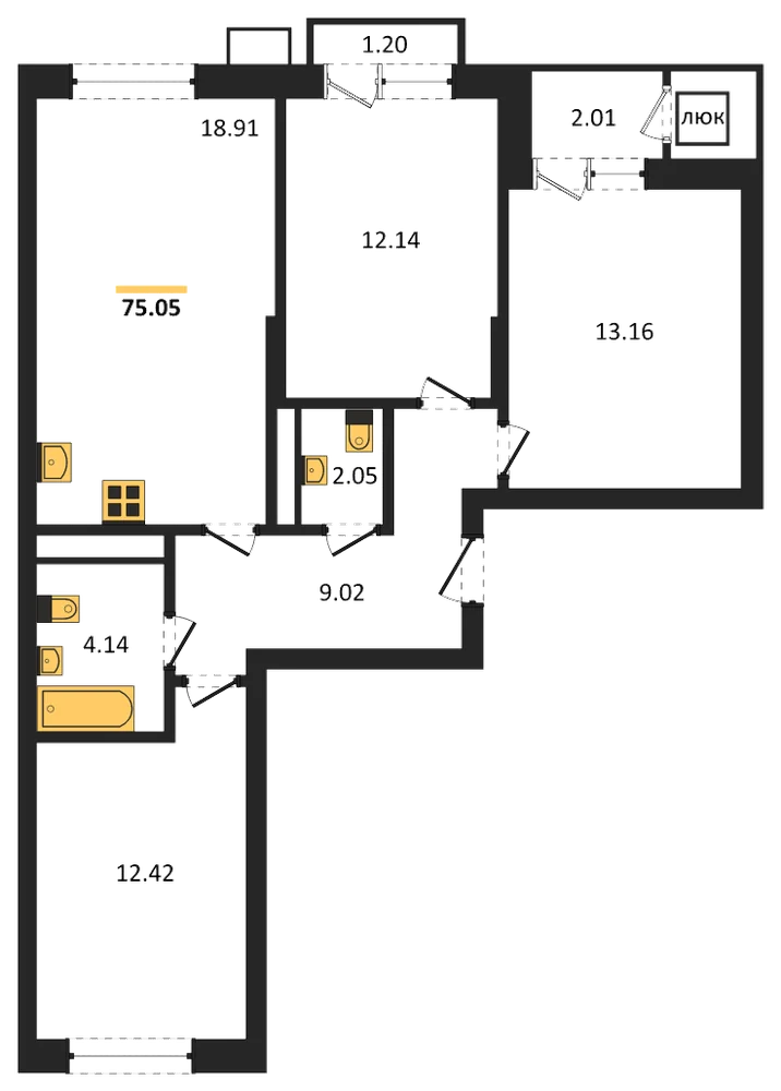 Планировка: 3-комн., 75,2 м²