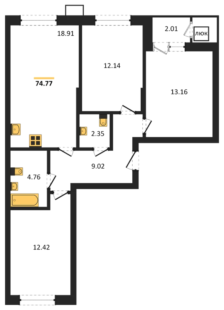 Планировка: 3-комн., 74,9 м²