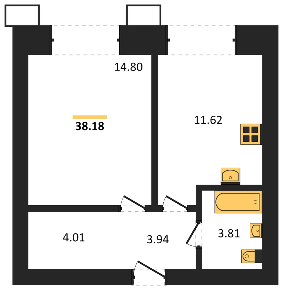 Планировка: 1-комн., 38,2 м²