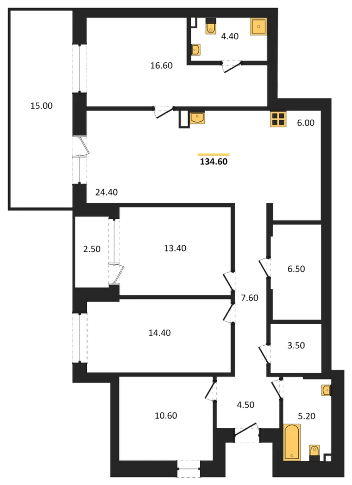 Планировка: 4-комн., 134,6 м²