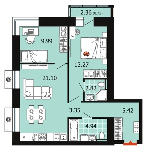 Планировка: 2-комн., 61,6 м²