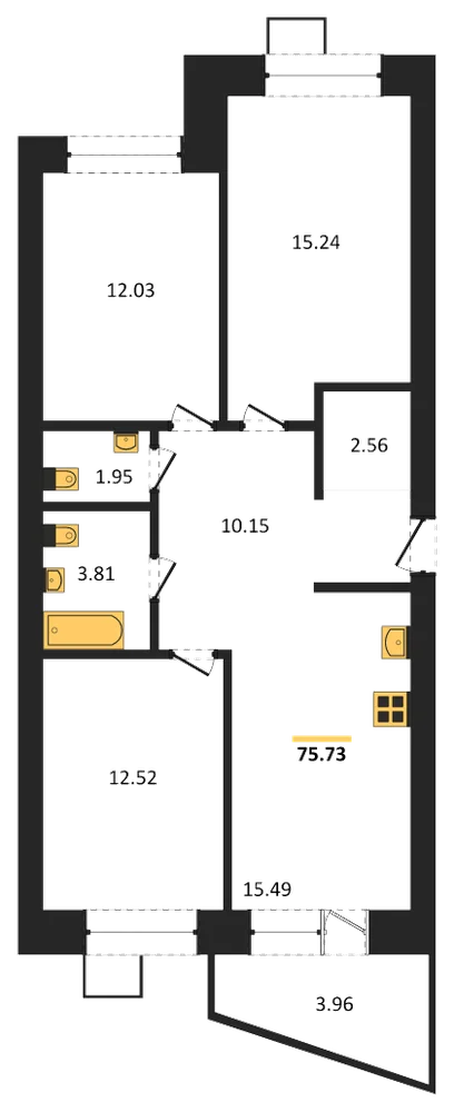 Планировка: 3-комн., 75,6 м²