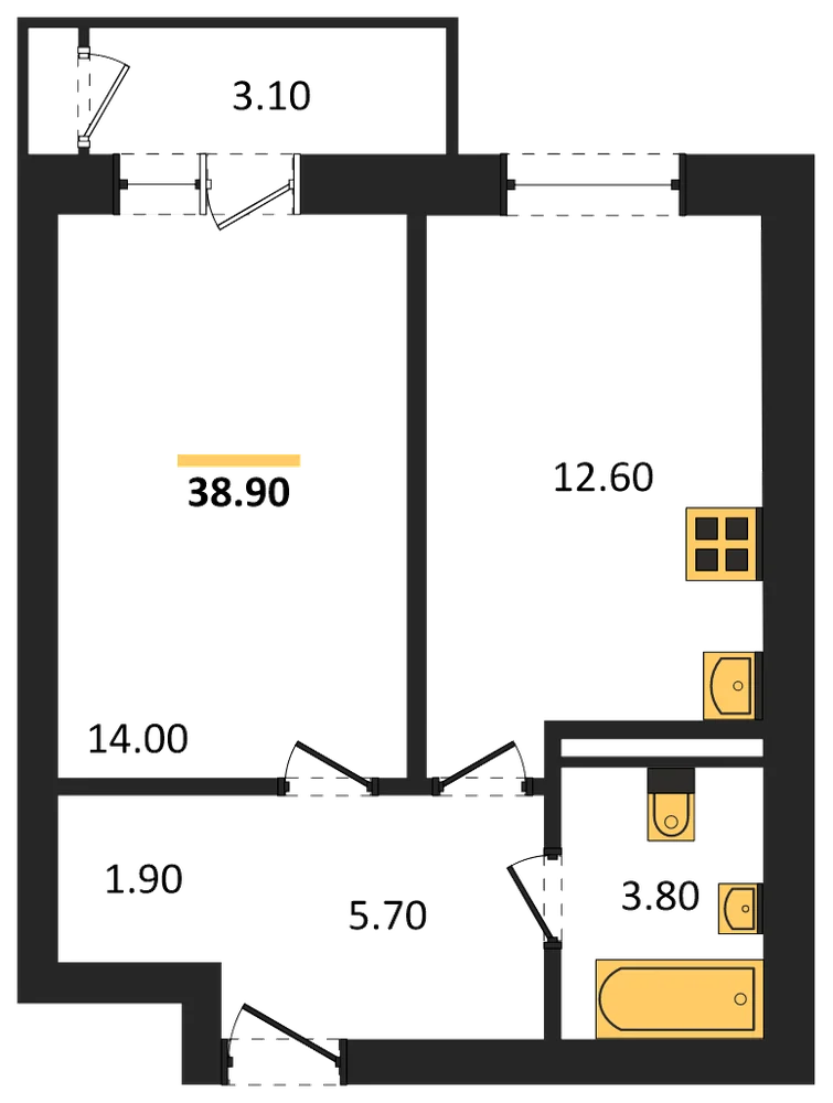 Планировка: 1-комн., 38,9 м²