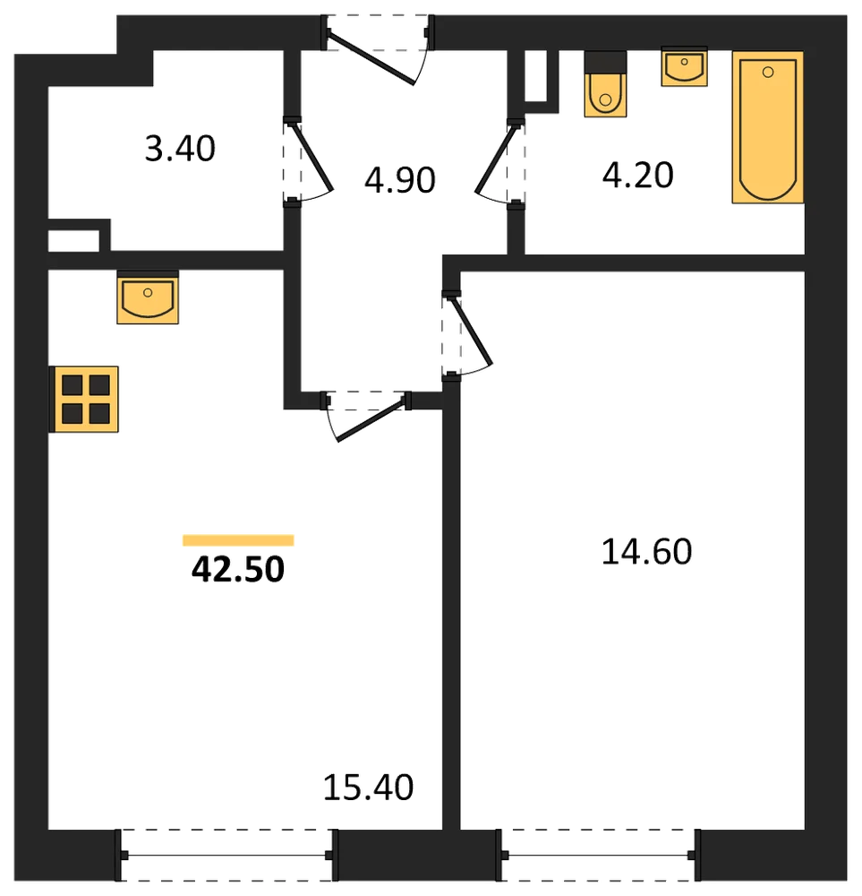 Планировка: 1-комн., 42,5 м²