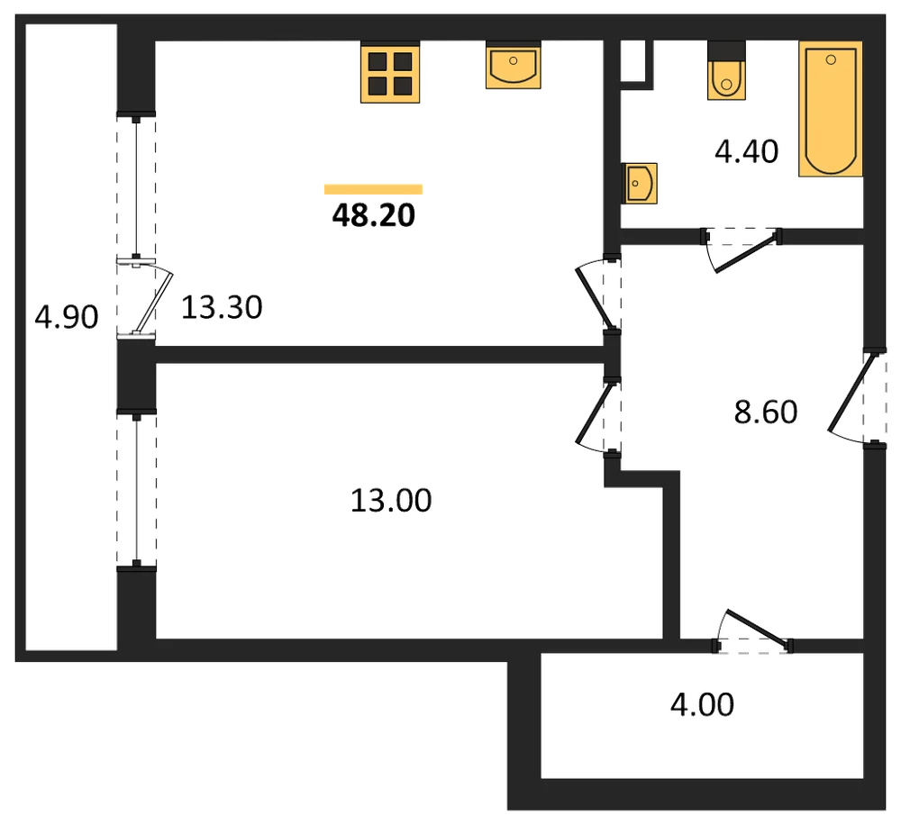 Планировка: 1-комн., 48,2 м²