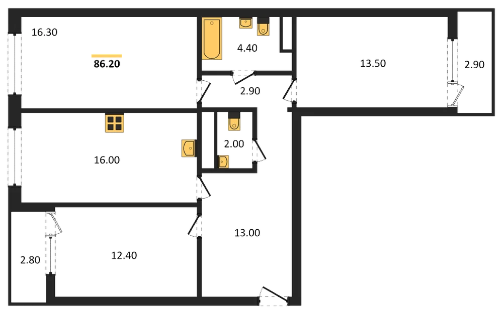 Планировка: 3-комн., 86,2 м²