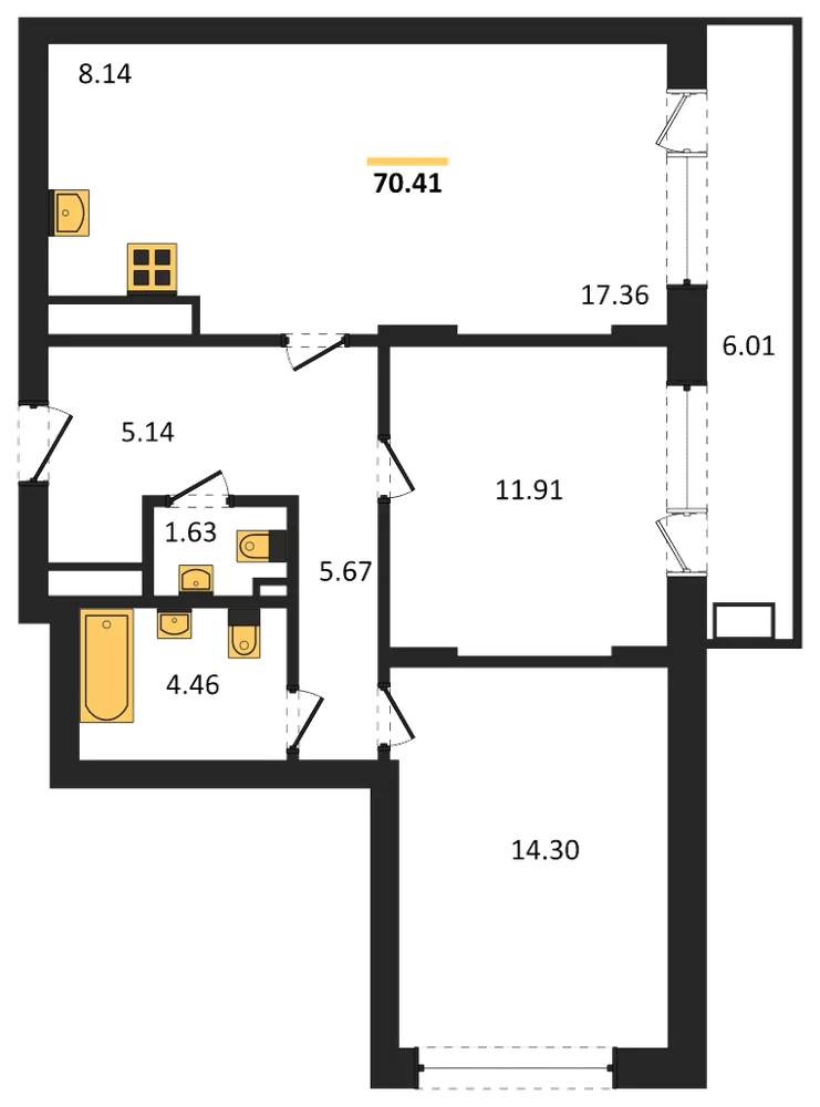 Планировка: 2-комн., 70,4 м²