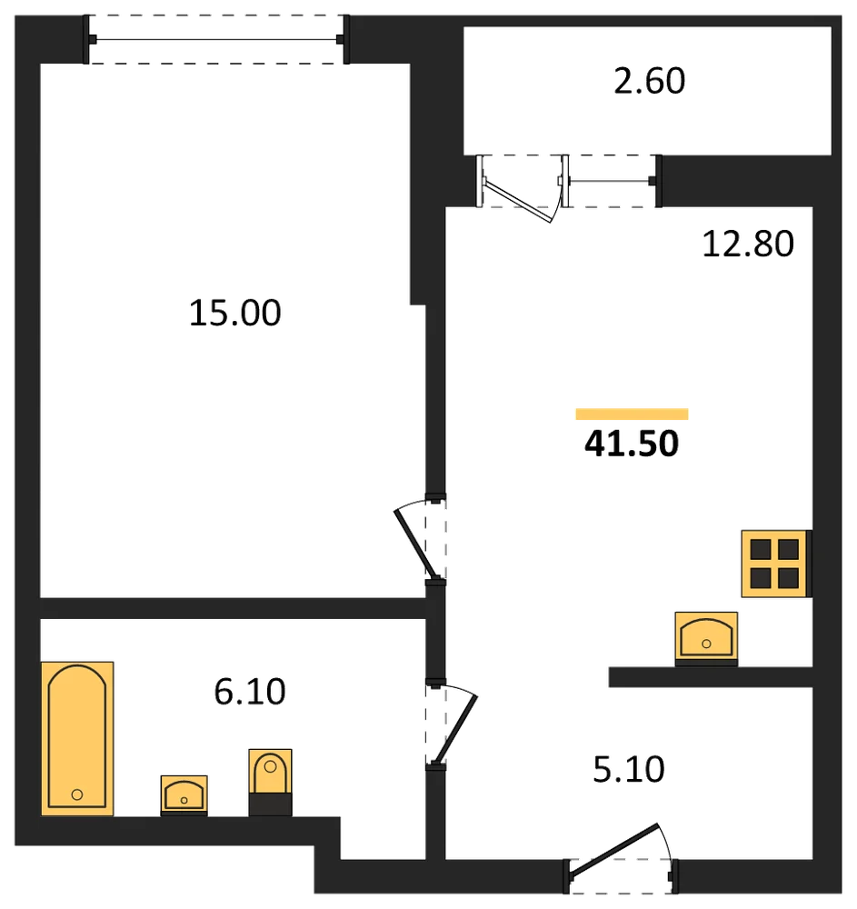 Планировка: 1-комн., 41,5 м²