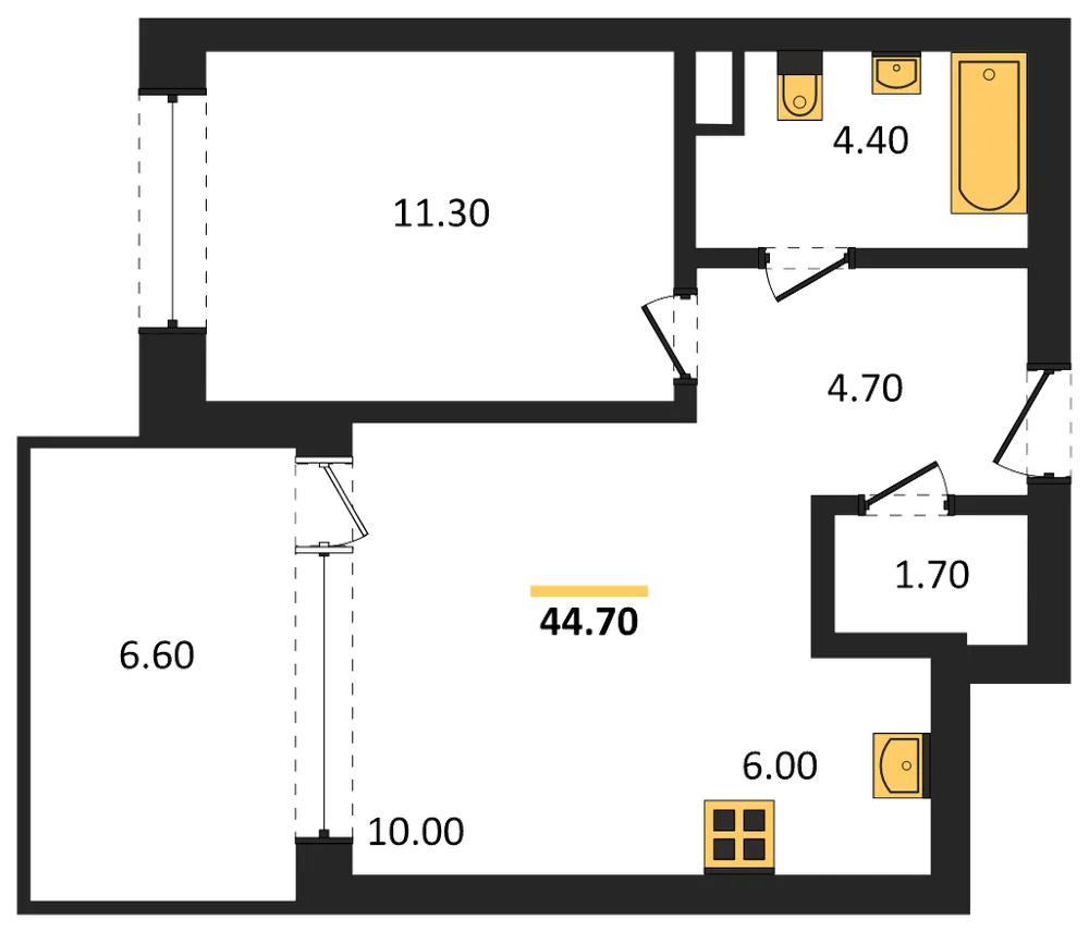 Планировка: 1-комн., 44,7 м²