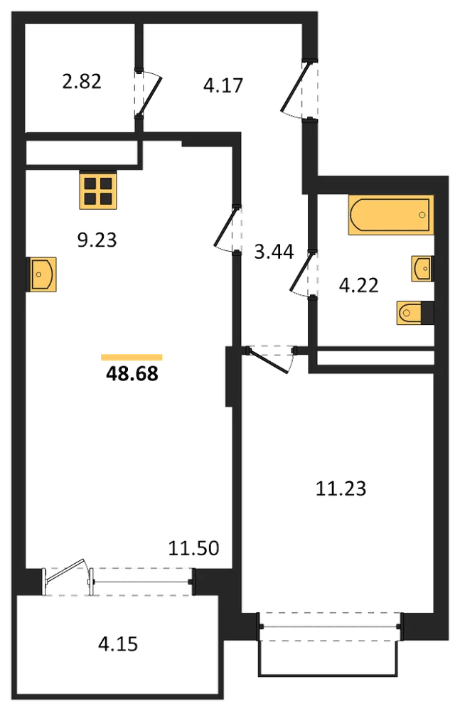Планировка: 1-комн., 48,7 м²