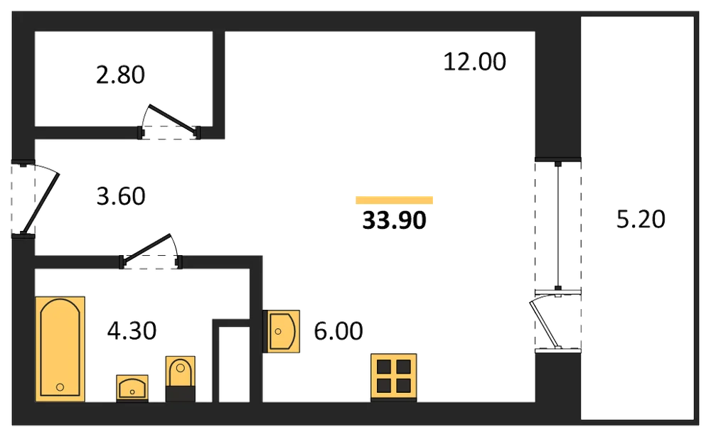 Планировка: Студия, 33,9 м²